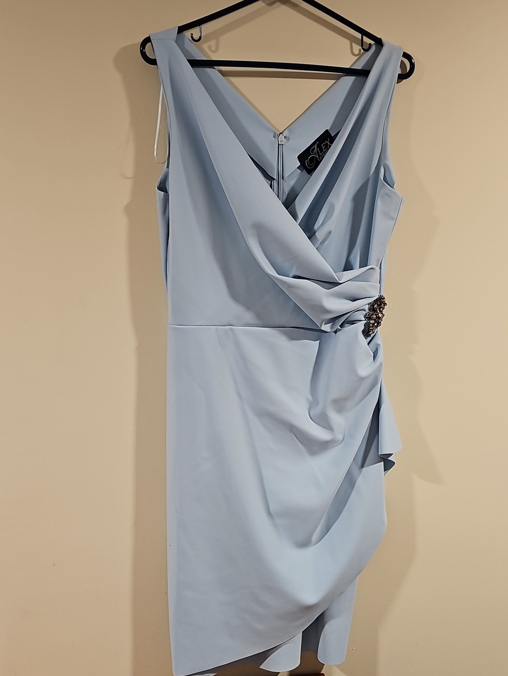 Alex Evenings Light Blue Draped V-Neck Midi Dress with Brooch